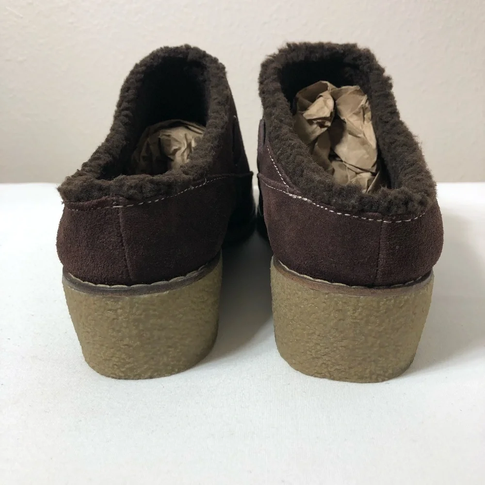 Lands' End Women's Leather Chalet Tassel‎ Fur Lining Brown Mules Clogs 8B